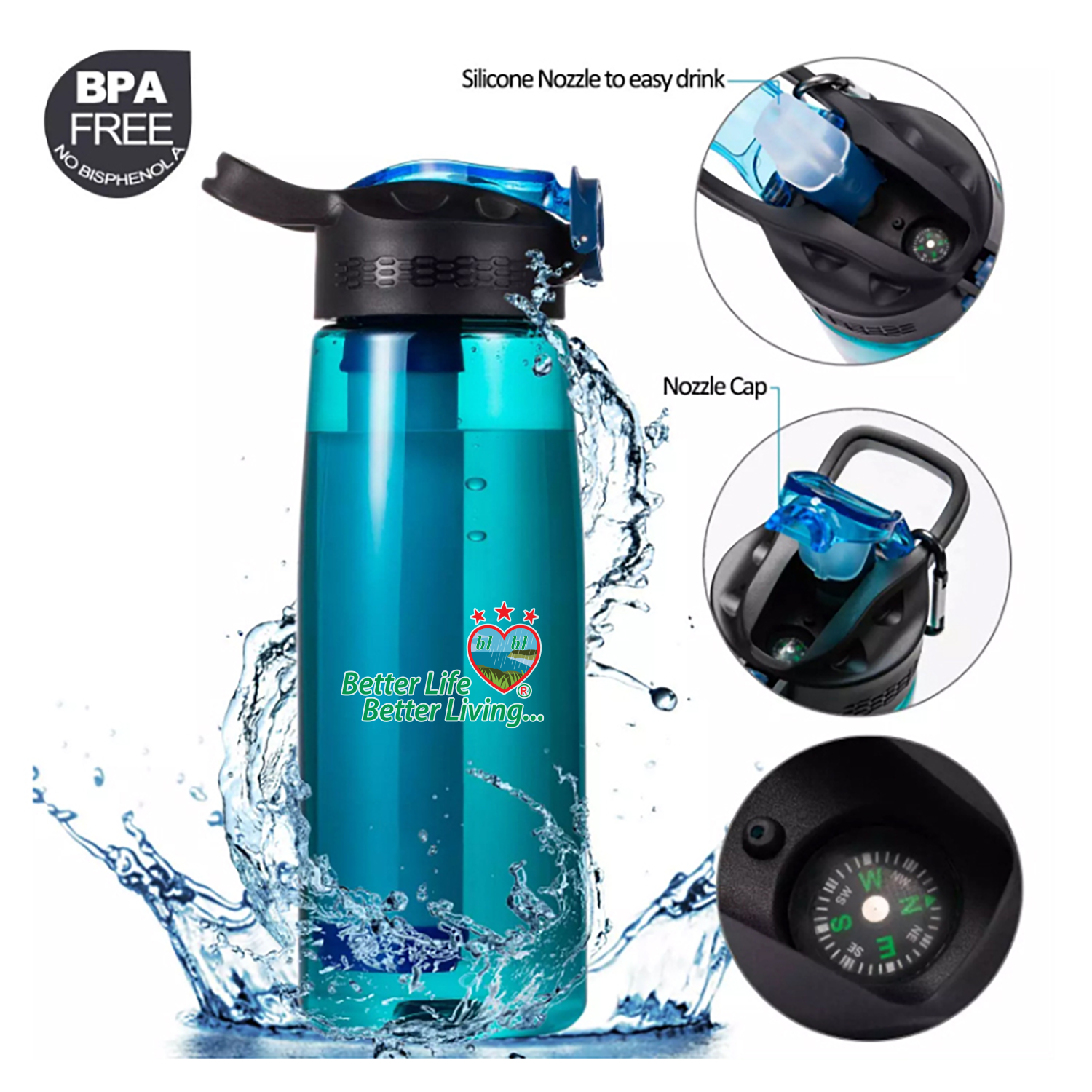 A water bottle with a compass and other features.