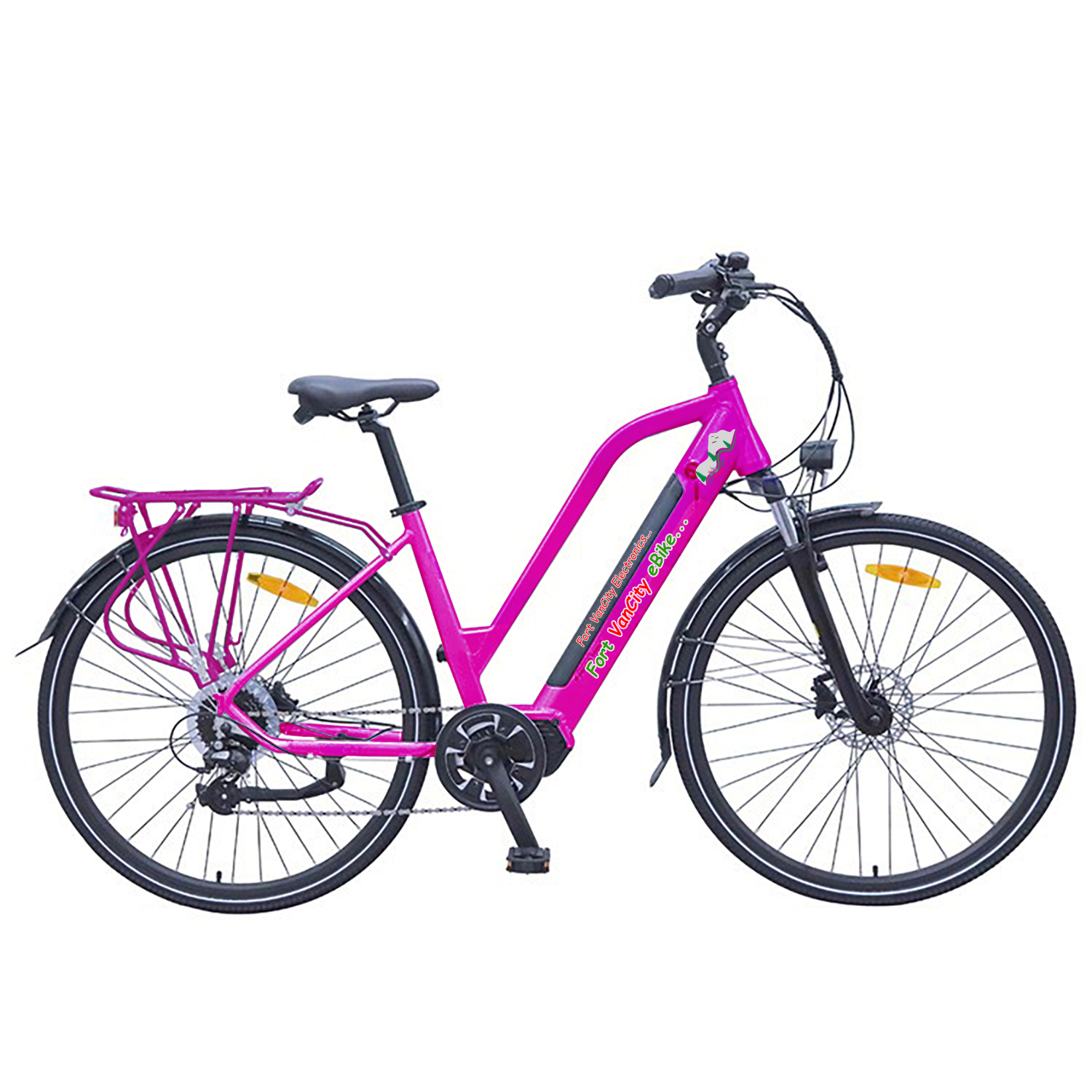 A pink bicycle is parked on the ground