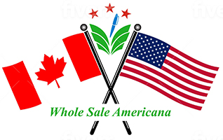 A canadian flag, maple leaf and american flag with the words " whole sale americana ".