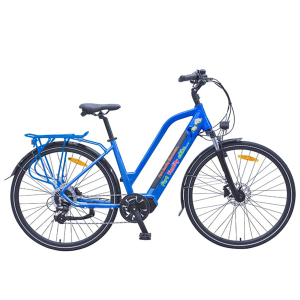 A blue electric bike is parked on the ground.