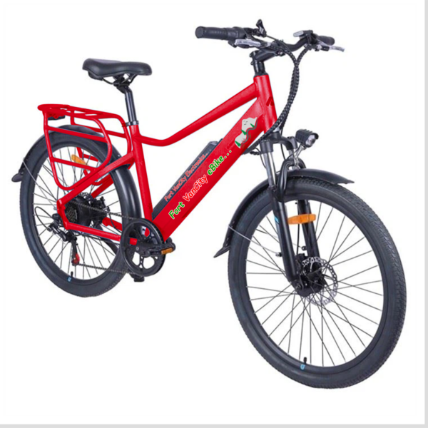 A red electric bike with a basket on the front.