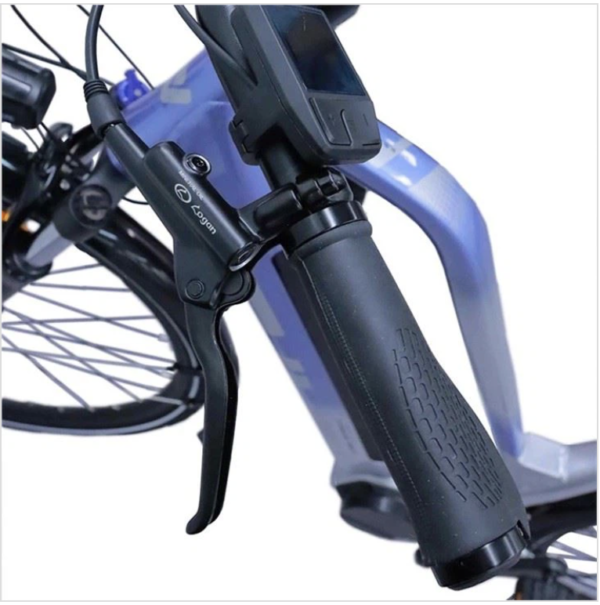 A close up of the handle bars on a bicycle.