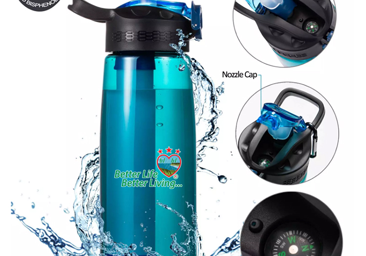 A water bottle with a compass and other features.