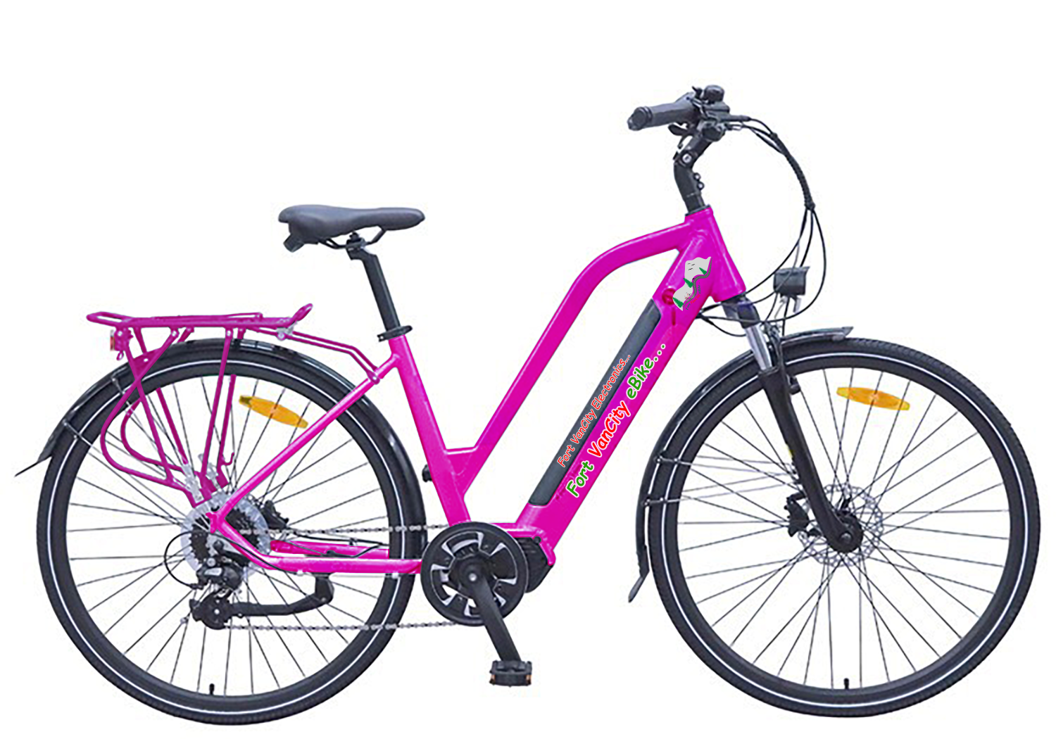 A pink bicycle is parked on the ground